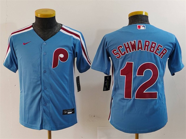 Youth Philadelphia Phillies #12 Kyle Schwarber Blue Cool Base Stitched Baseball Jersey